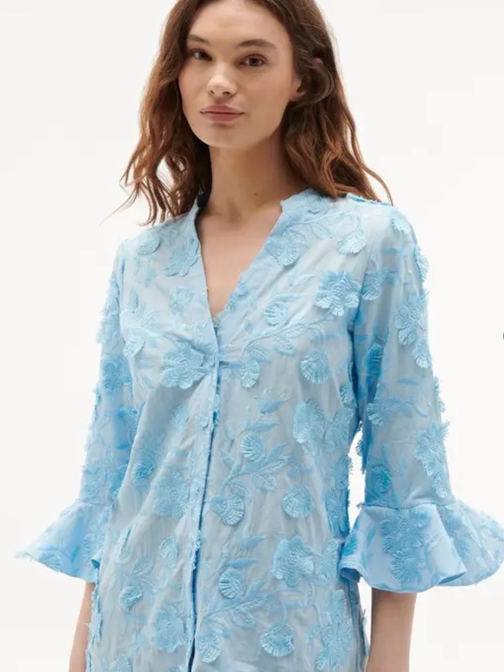 FIGUE Arielle Light Blue Floral Appliqué Embroidered Dressy Blouse Size 8